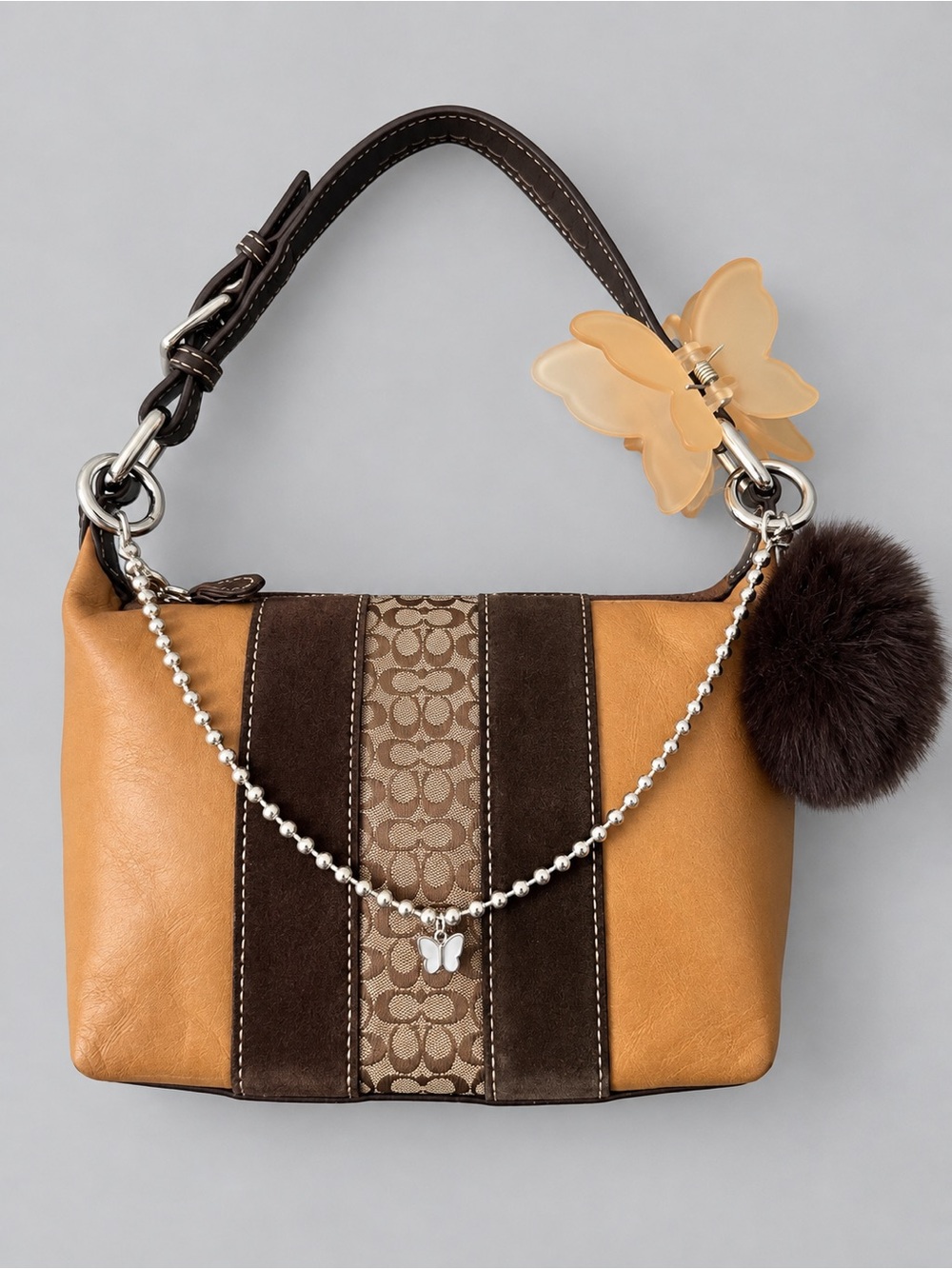 Vintage Y2K Coach Hamptons Stripe Demi Bag in Camel Suede Panel